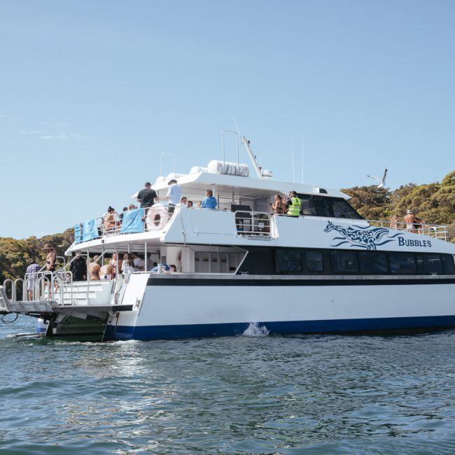 A large white and blue boat named "Bubbles" is on the water, with passengers on the upper deck enjoying a Sydney boat party hire, and the picturesque shoreline in the background.