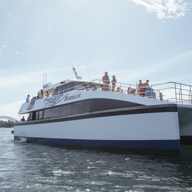 A large catamaran named "Bubbles," available for luxury yacht hire in Sydney, glides on calm waters under a clear blue sky with people on board. Another boat is seen in the background.