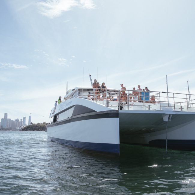 A large white and blue boat with people on its upper deck is floating on a body of water, with a city skyline visible in the background under a partly cloudy sky, perfect for Corporate boat events Sydney.