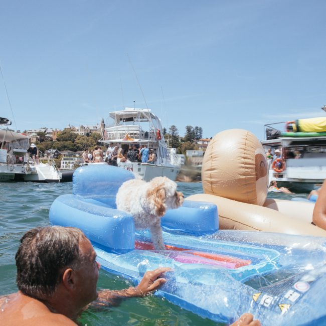 A dog sits on an inflatable raft while a man in the water pushes it and a woman with wet hair laughs. Boats and other people are visible in the background on a sunny day, perhaps enjoying corporate boat events Sydney.