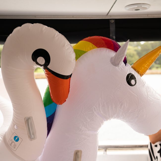 Two large inflatable pool floats, one shaped like a rainbow unicorn and the other like a swan, are on a boat. In the background, people enjoy a sunny day while experiencing luxury yacht hire in Sydney.