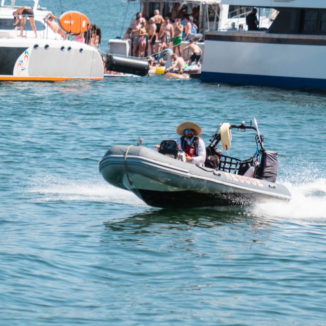 A person drives a small motorboat at speed on a body of water, with several large boats and people in the background, creating the perfect ambiance for a Sydney boat party hire.