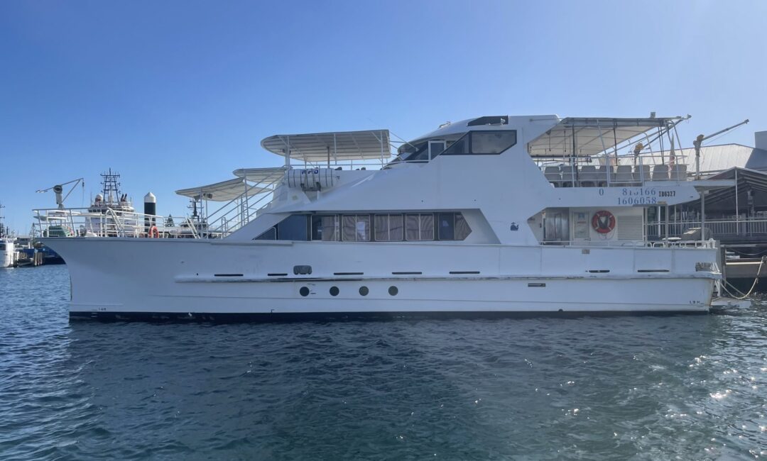 The DJ Boat, a large white yacht with multiple decks and top-mounted solar panels, is docked in calm waters on a sunny day. Ideal for a Catamaran party in Sydney, the sides are adorned with various signs and safety equipment.