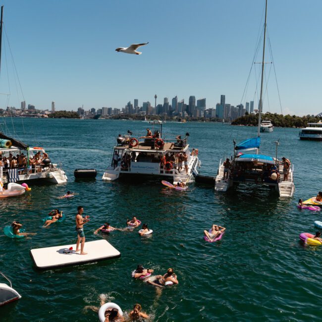 A vibrant scene of people enjoying a sunny day on the water. Several sailboats are anchored near each other, with individuals swimming, floating on inflatables, and lounging on a floating mat. In the background is a city skyline featuring a prominent bridge. A seagull flies overhead.