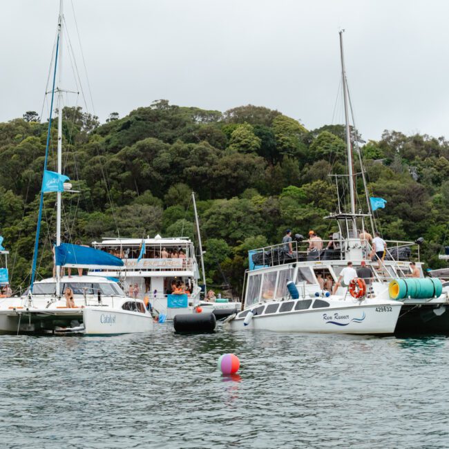 Several sailboats and yachts anchored in a calm body of water with a forested shoreline in the background. Some boats display blue flags, and there are people visible on the decks of a few boats. A gentle breeze stirs as an overcast sky looms above, while a red buoy floats in the foreground.