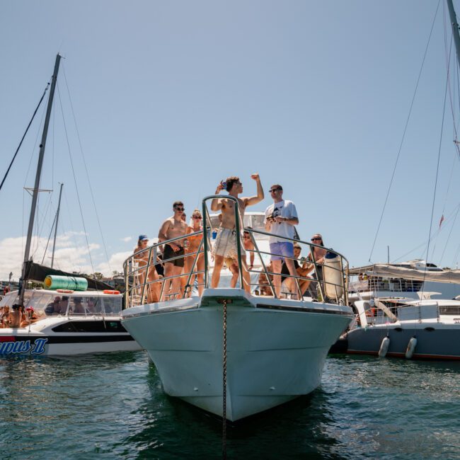 A lively group of people stand on the bow of a large white yacht, surrounded by other boats in a crowded marina. They appear to be enjoying a sunny day on the water, with clear skies above and lush greenery in the background. Some are dancing and smiling, relishing their idyllic outing.