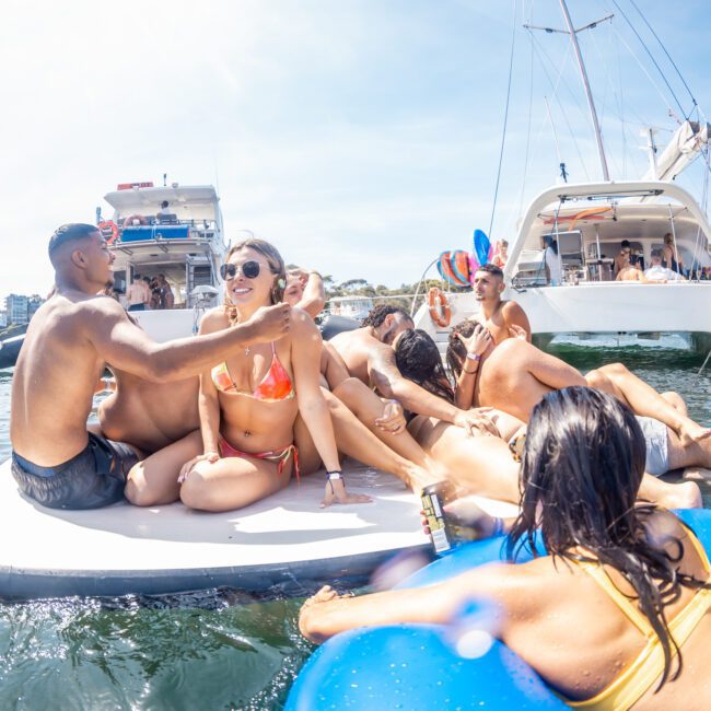 A group of people in swimsuits relax on a floating platform in the water near several boats during a Private yacht charter Sydney Harbour on a sunny day.