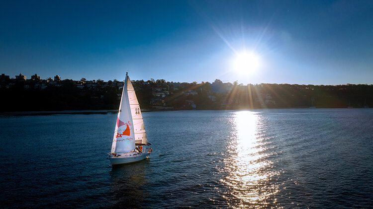 A sailboat glides on calm waters just before sunset, with the sun casting a bright reflection on the water's surface. The coastline in the background is silhouetted against the clear blue sky. Birds soar gracefully overhead, completing this picturesque scene.