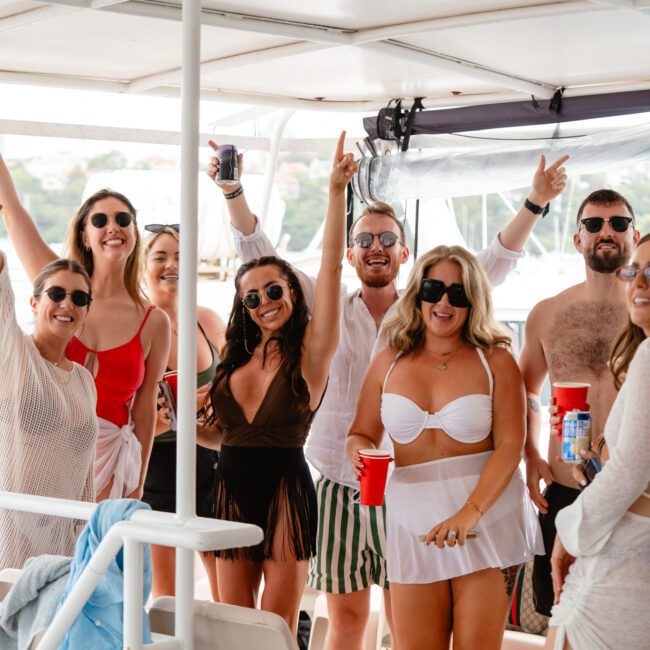 A group of people are on a boat, smiling and holding drinks. They are dressed in beachwear, with several wearing sunglasses. The background features water and greenery, indicating they are part of The Yacht Social Club Sydney Boat Hire experience. Everyone looks happy and relaxed.