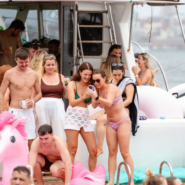 A group of people enjoy a boat party hosted by The Yacht Social Club, with some in swimsuits and others relaxing on inflatable pool floats shaped like pink flamingos. The lively atmosphere is filled with casual conversations and laughter as guests gather on the deck and in the water.
