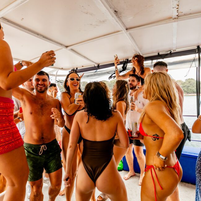 A lively group of people dancing and having fun on a boat under a sunshade. They are in swimwear, smiling, and celebrating at the Yacht Social Club. The background shows a calm body of water and distant greenery. Some are holding drinks and capturing moments with their phones, enjoying luxury yacht rentals Sydney.