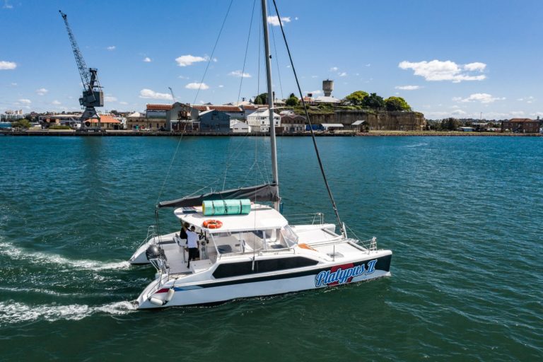 A white catamaran named Platypus II sails on a calm body of water under a clear blue sky, perfect for The Yacht Social Club Event Boat Charters. Two people are visible on the boat. The background features a shoreline with an industrial area, buildings, and a crane.