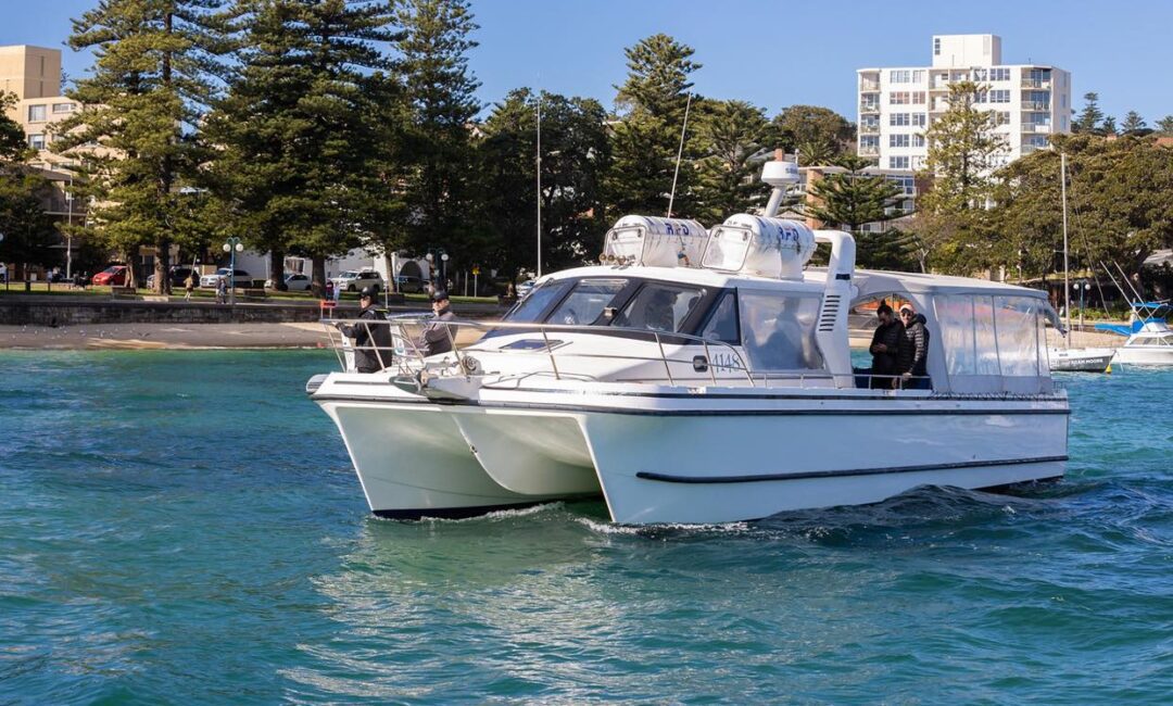 A white catamaran boat with people on board is sailing on blue-green water near a coastal area with trees, buildings, and a sandy shore in the background. The weather is clear and sunny, with a bright blue sky overhead. Experience the thrill of Boat Parties Sydney The Yacht Social Club for an unforgettable day!