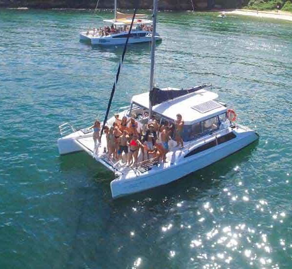 A group of people, enjoying sunny weather, gathers and parties on a large catamaran in calm, clear blue waters. Another boat and swimmers are visible in the background near a green, rocky shoreline.