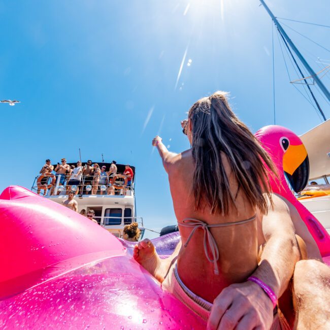A woman in a bikini sits on a pink inflatable flamingo on a boat. She points towards a group of people on another boat nearby. The sky is clear blue, and a seagull flies above. The scene is vibrant and sunny.