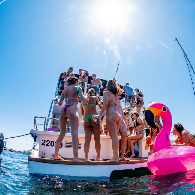 A group of people in swimsuits socializing on a boat under a bright sun. A large pink flamingo float is in the water nearby. The scene suggests a lively summer gathering.