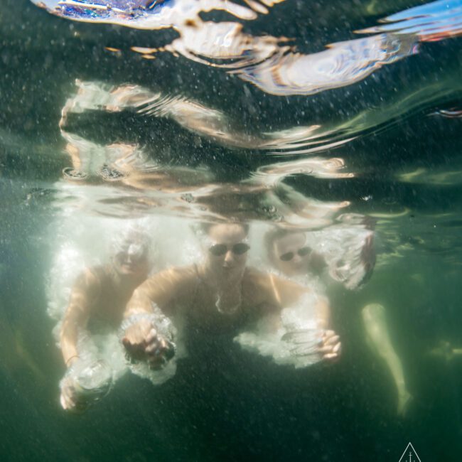 Three people swimming underwater, wearing sunglasses. Sunlight reflects off the water surface above them. The image has a logo in the bottom right corner.