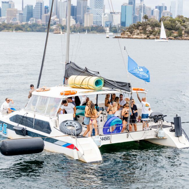 A group of people are enjoying a boat ride on a catamaran, with various items like a paddleboard and inflatables on board. The boat is on a body of water, and a city skyline is visible in the background, along with other sailboats.