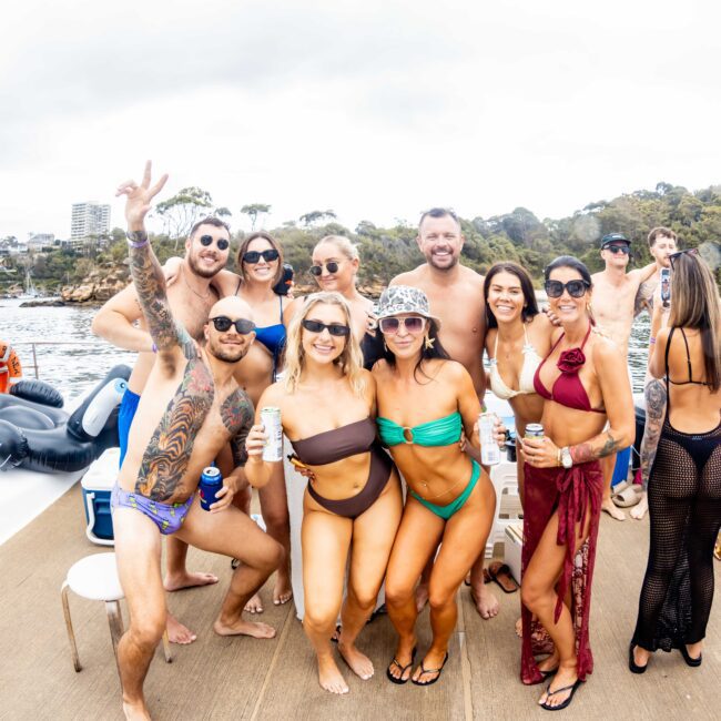 A group of people in swimwear enjoying a sunny day on a boat. They are posing together, smiling, and holding drinks. The backdrop shows water with trees and buildings in the distance. Inflatable pool floats are visible nearby.
