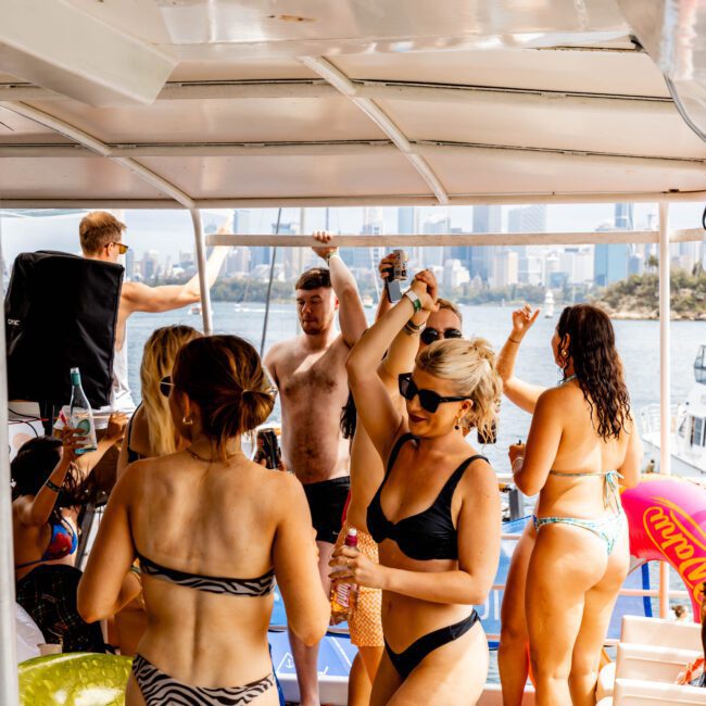 People are dancing and socializing on a boat. They're wearing swimsuits, sunglasses, and appear to be enjoying a party. The backdrop includes water and a distant city skyline. The atmosphere is lively and sunny.