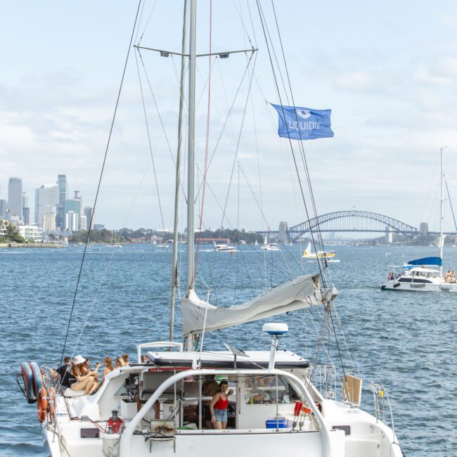 A catamaran sails in a harbor with several people on board, including one wearing a life jacket. A blue flag flutters above, and a city skyline with a bridge is visible in the distance under a partly cloudy sky.