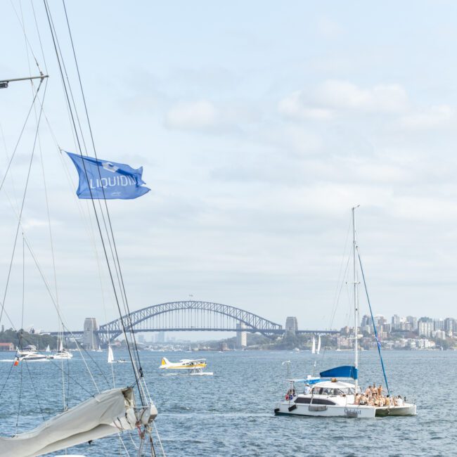Sailboats on the water near a seaplane and Sydney Harbour Bridge in the background. A blue flag waves in the foreground with cloudy skies above.