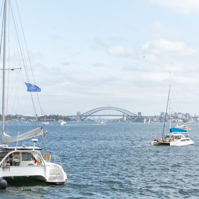 Sailboats on a calm blue harbor with a distant view of a large bridge and city skyline under a partly cloudy sky.