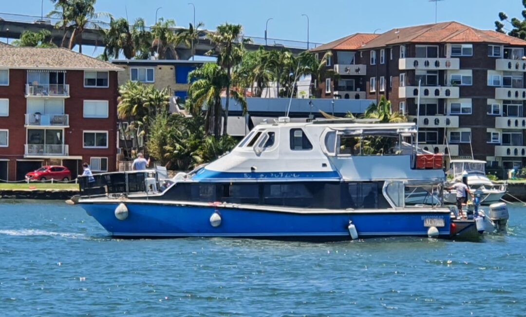 A blue and white boat floats on a river near apartment buildings and palm trees; people are visible on the boat under a clear, sunny sky.