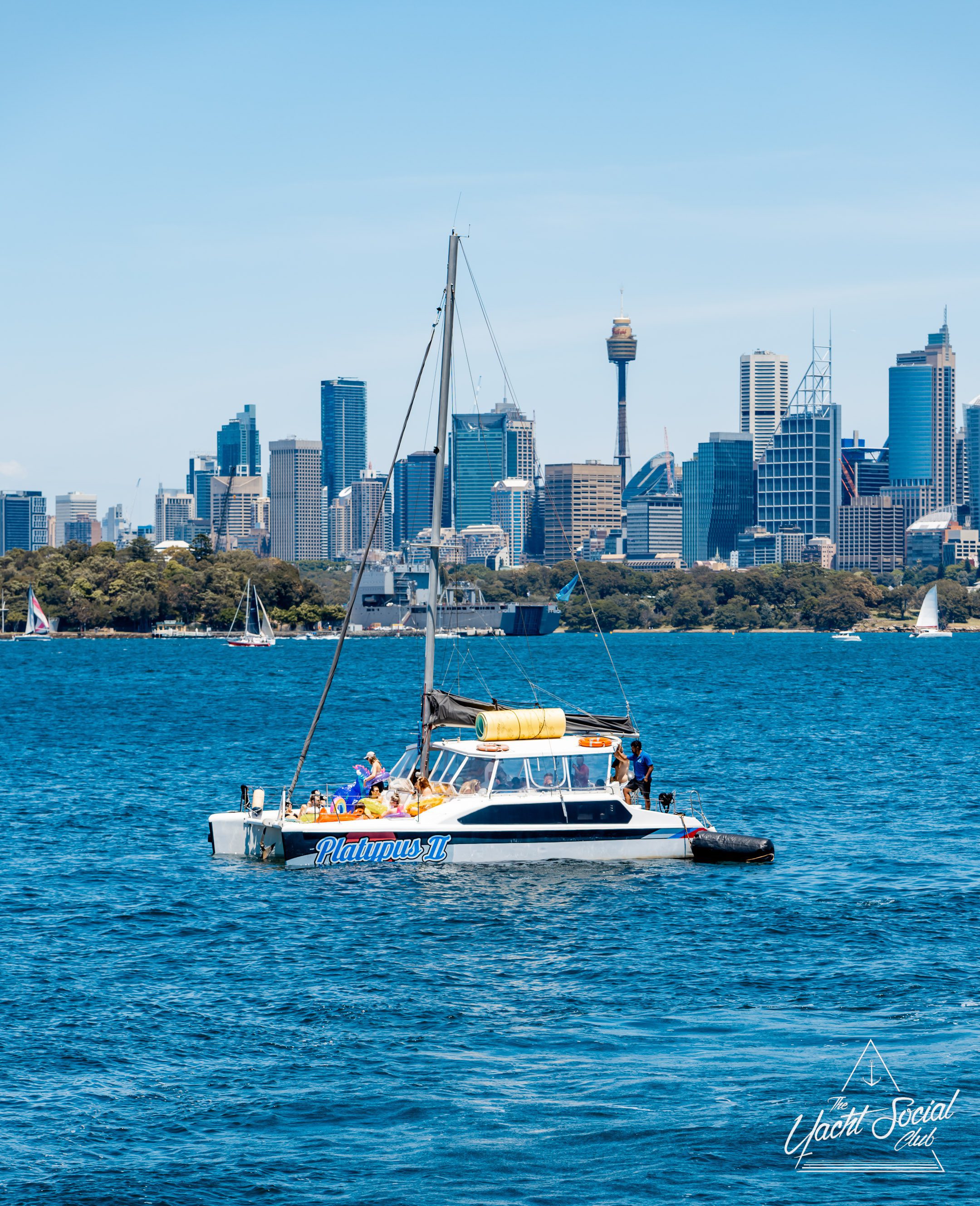 A catamaran named “Platypus II” sails on blue water with people onboard, as Sydney’s city skyline and the Sydney Tower are visible in the background on a clear day.