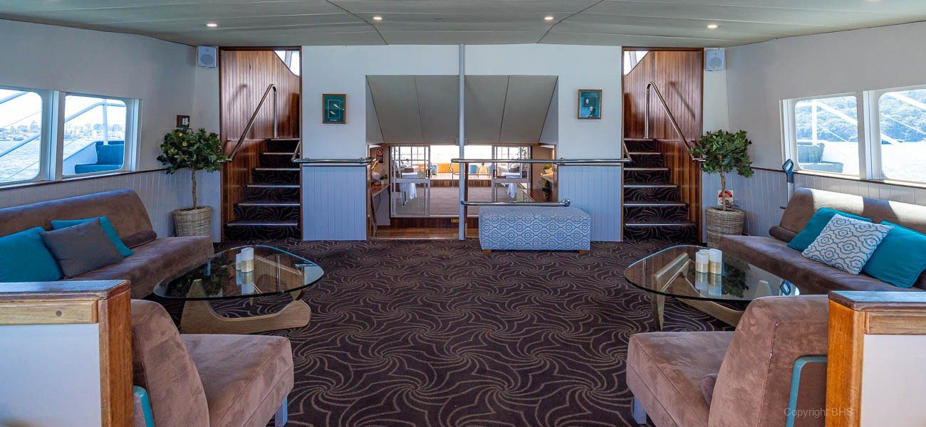 Spacious yacht lounge with brown sofas, glass coffee tables, patterned carpet, large windows, and stairs leading to an upper level. Decorative plants and ocean views are visible through the windows.