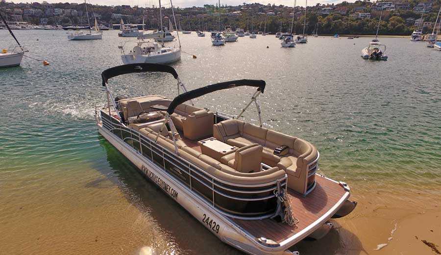 A pontoon boat with beige seating is docked at a sandy shore, with calm water and several sailboats and yachts anchored in the background under a partly cloudy sky.