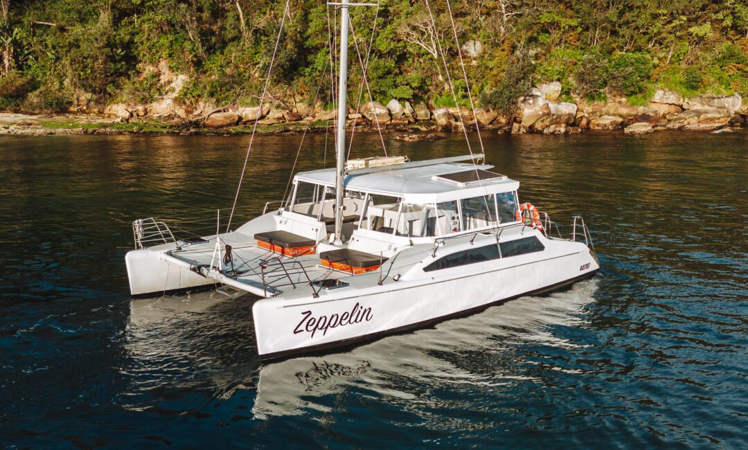 A white catamaran named "Zeppelin" floats on calm water near a rocky shoreline with dense green trees in the background.