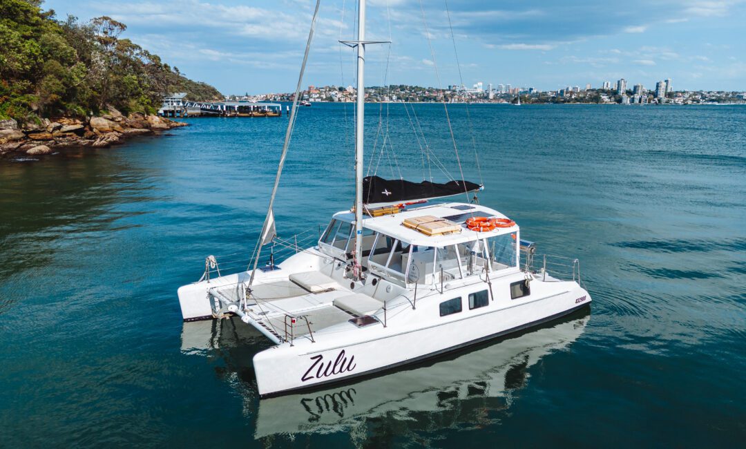 A white catamaran named "Zulu" floats on calm blue water near a rocky shoreline with trees. City buildings and a pier are visible in the background under a partly cloudy sky.