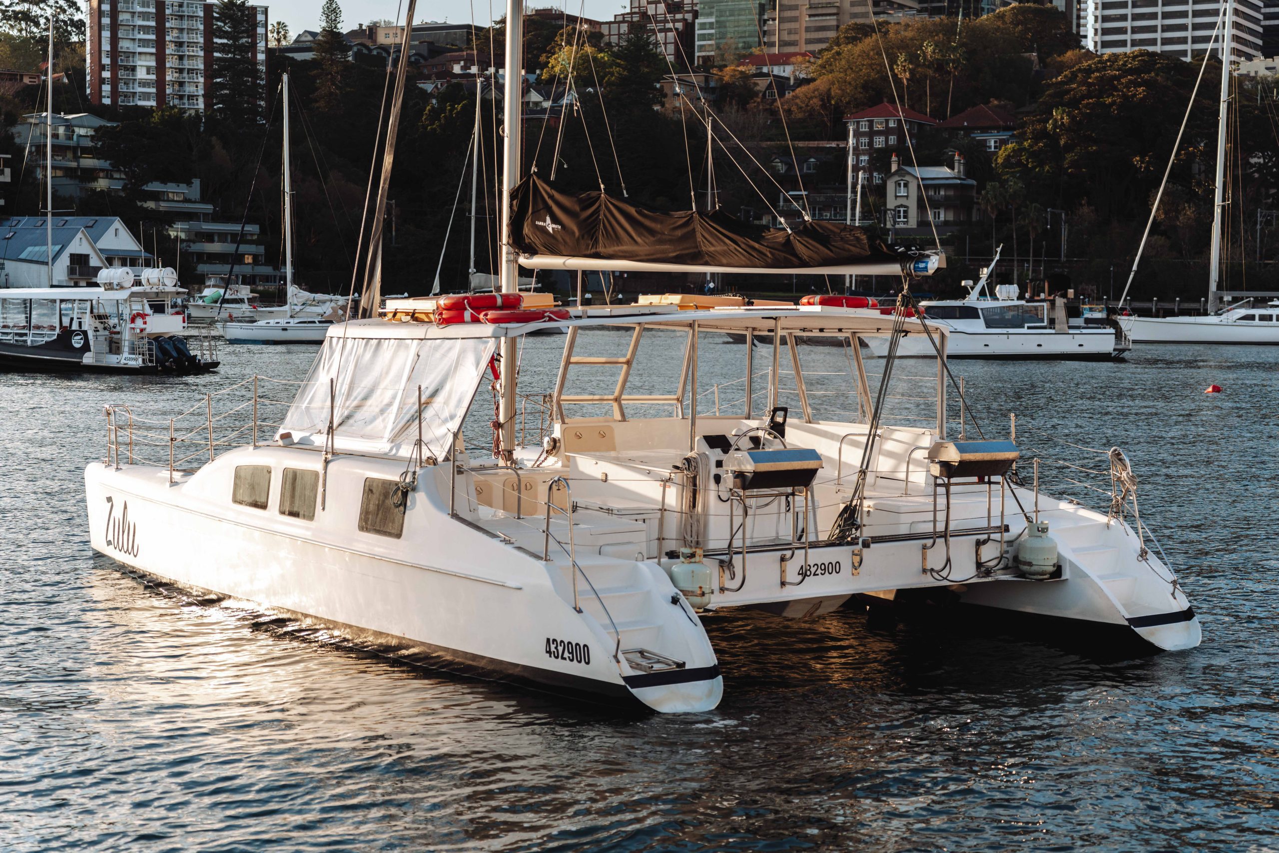 A white catamaran with twin hulls is docked on calm water, with buildings, trees, and other boats visible in the background under daylight.