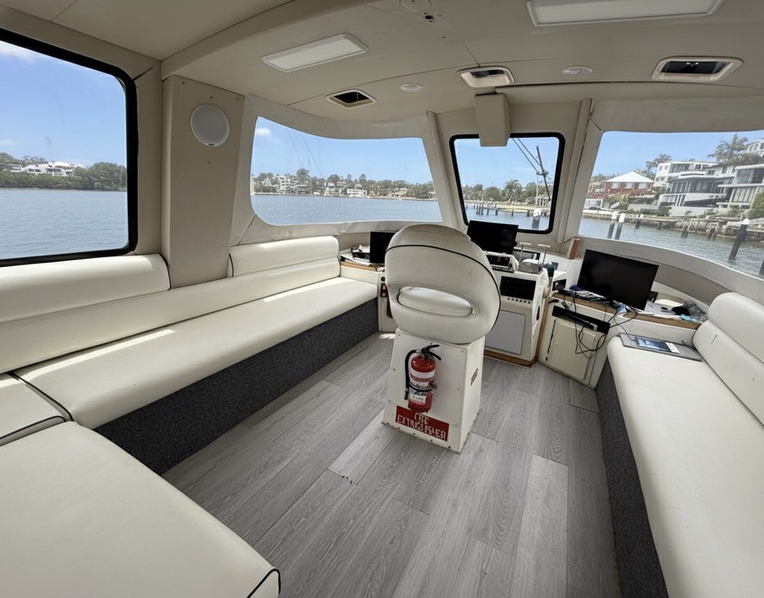 Interior of a boat with white cushioned benches along the sides, a central captain’s chair, computer monitors, and a fire extinguisher. Large windows show water and waterfront houses outside.