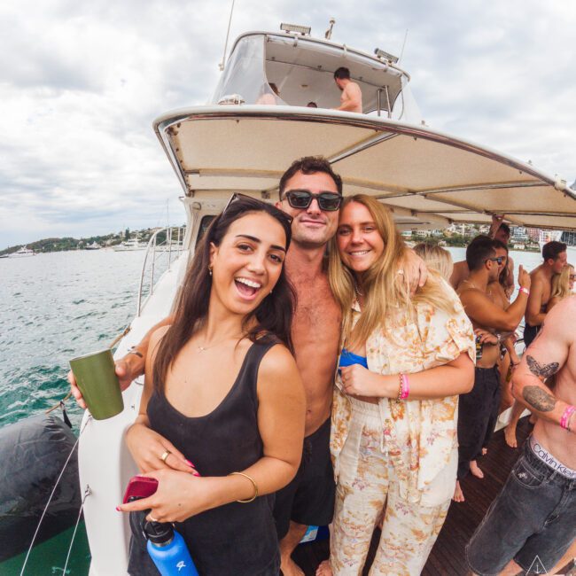 A group of young adults smile and pose together on the deck of a boat during a lively party, with cloudy skies and water in the background. The atmosphere is relaxed and festive.