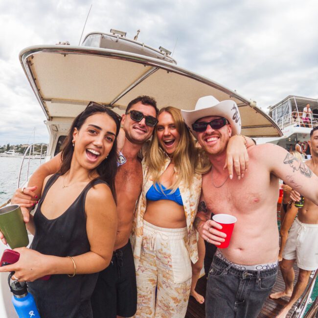 Four friends smile and pose together on a boat, dressed in summer outfits. Two hold red cups, one wears a white cowboy hat, and the group appears happy. Other people and water are visible in the background.