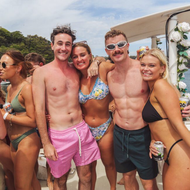 A group of young adults in swimwear smile and pose together on a boat, holding drinks. There is water and greenery in the background, and others are socializing nearby. The scene looks lively and summery.