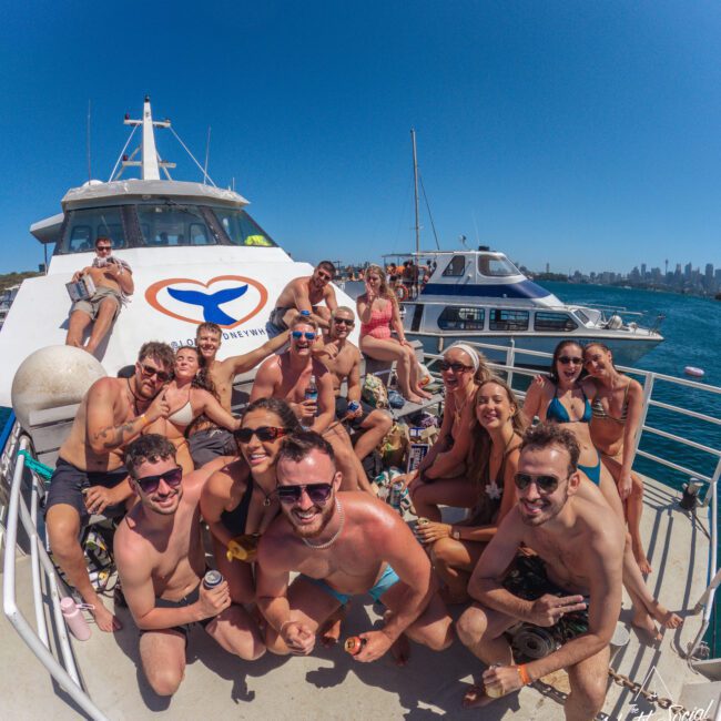 A large group of smiling people in swimsuits pose together on the deck of a boat under a clear blue sky, with another boat and a distant city skyline visible in the background.