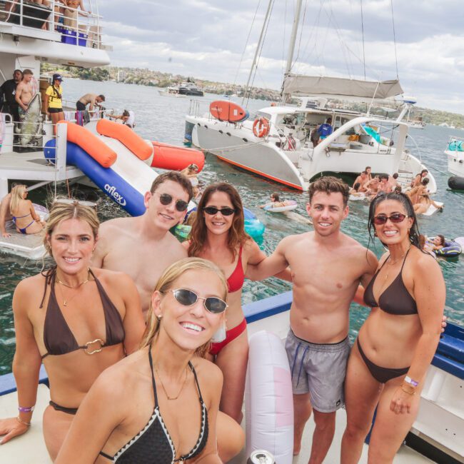 A group of six young adults in swimwear smile for a photo on a boat, with other people, boats, and inflatables visible in the water behind them on a sunny day.