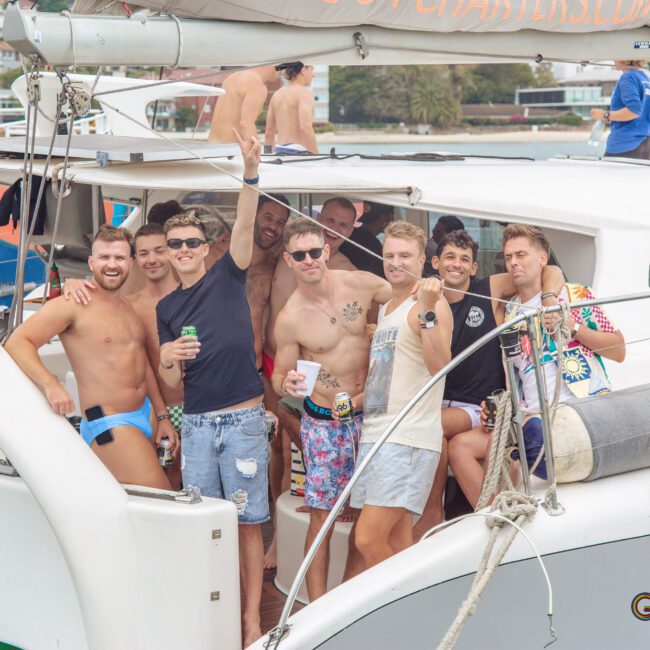 A group of smiling men in swimwear and colorful clothes pose together on a catamaran, holding drinks. The boat is docked near the shore, with trees and waterfront buildings visible in the background.