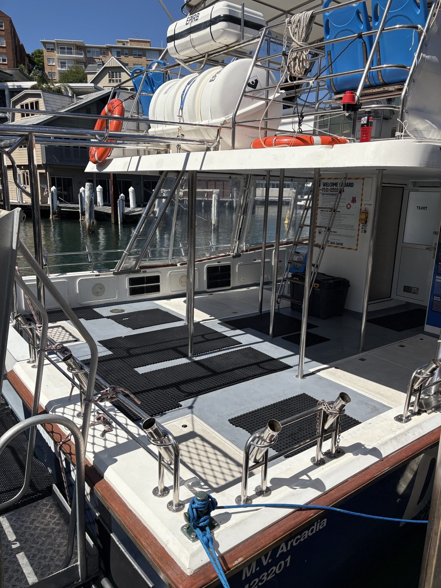 The Arcadia is docked with metal railings, black deck mats, life rings, and storage containers on the roof. Calm water and waterfront buildings appear in the background.