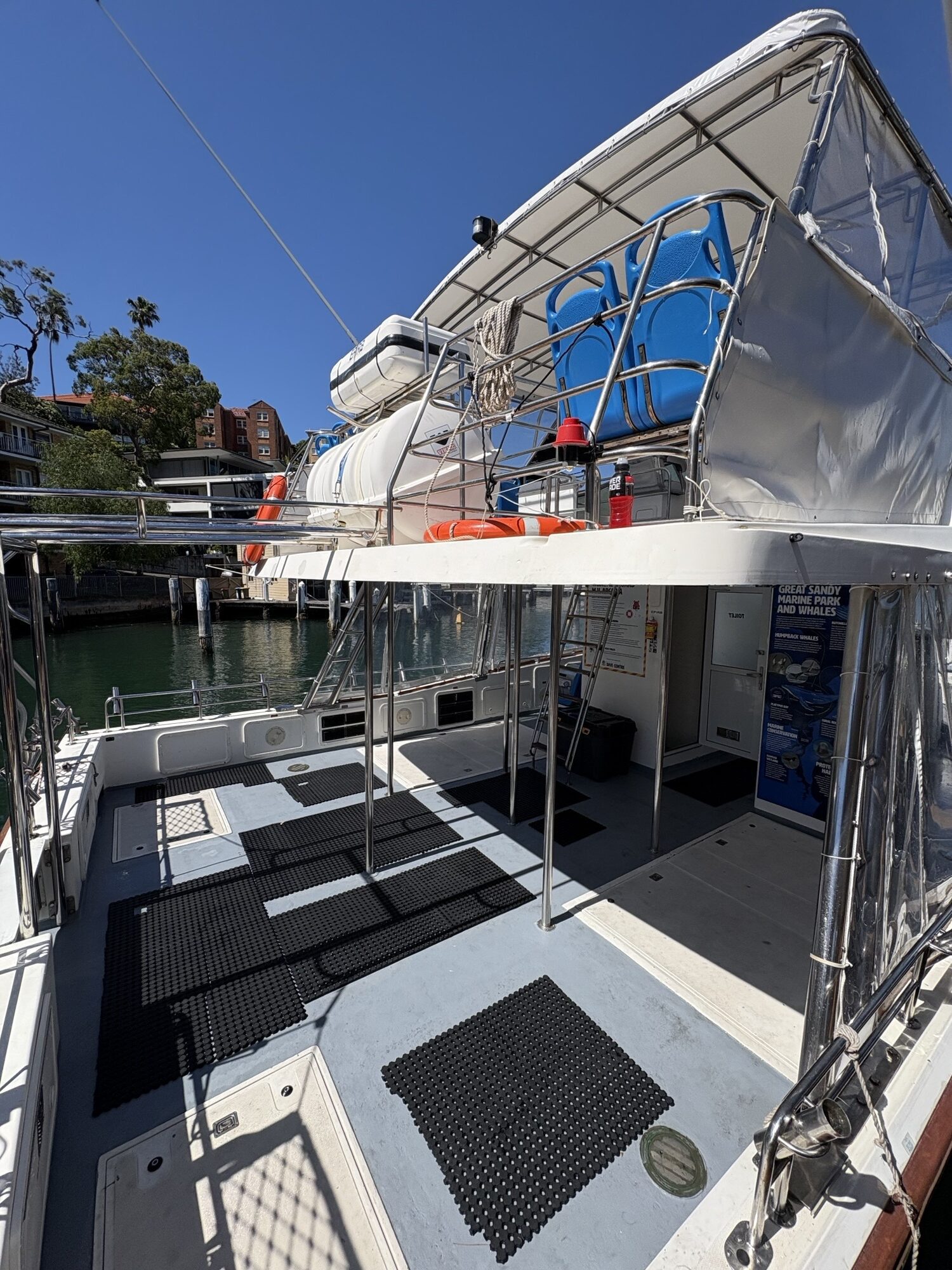 A sunlit view from Arcadia’s boat deck shows black mats, metal railings, life preservers, blue seats on the upper level, and a partially enclosed area with water and city buildings in the background.