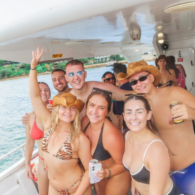 A group of smiling people in swimsuits and straw hats pose together on a boat, holding drinks and enjoying a sunny day on the water. Some raise their arms and the atmosphere is festive and relaxed.