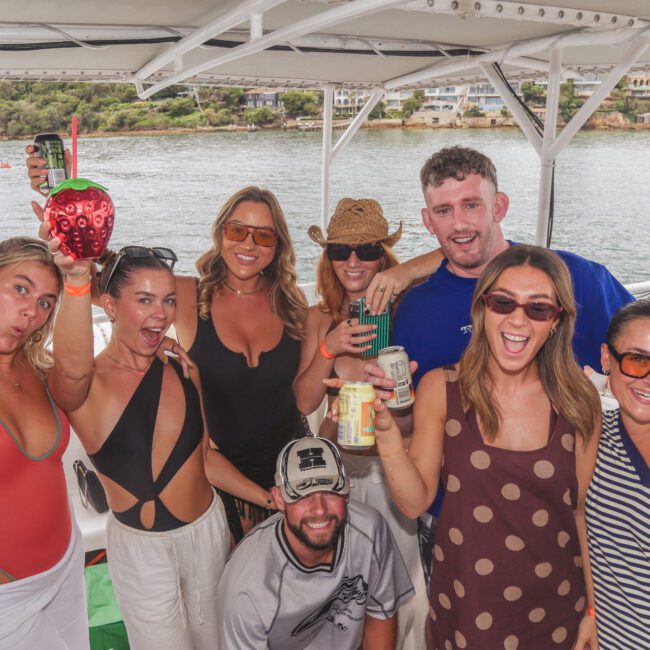 A group of eight people pose and smile on a boat, holding drinks and wearing summer outfits and sunglasses. Water and houses are visible in the background, and the mood is festive and cheerful.