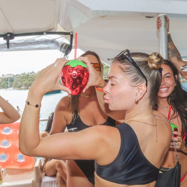 A group of women in swimsuits enjoy a party on a boat. One woman poses with a strawberry-shaped cup, while others smile and wear sunglasses. The setting is sunny, with water and greenery visible outside.