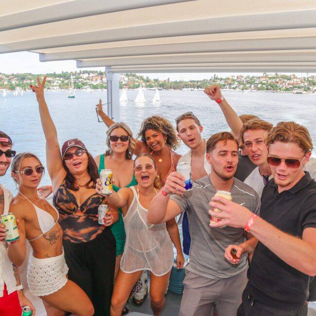 A group of young adults in casual summer clothes enjoy drinks and pose for a photo on a boat, with water, sailboats, and a shoreline with houses visible in the background.