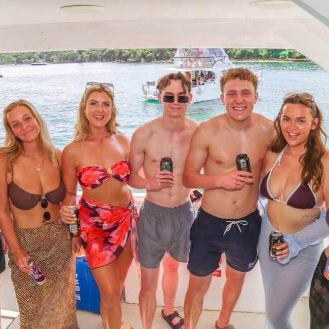 A group of seven young adults in swimwear stand close together on a boat, smiling and holding drinks. The sun is shining and water with another boat is visible in the background.