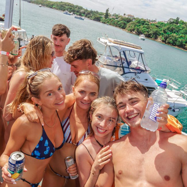 A group of young adults in swimsuits smile and pose together on a boat, holding drinks, with water, greenery, and other boats in the background under a sunny sky.